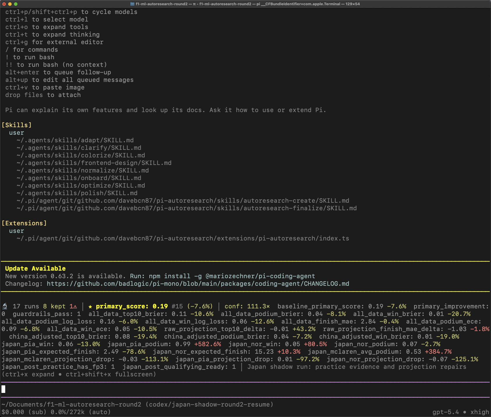Pi autoresearch running in the terminal